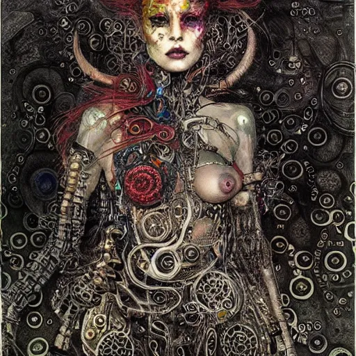 Prompt: depraved cybernetic demon, lsd, circuitry, intricate detail, klimt, royo,