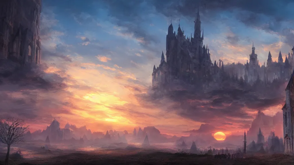 Prompt: sunset over a medieval kingdom, fantasy artwork, award winning, very beautiful scenery, wallpaper, artstation