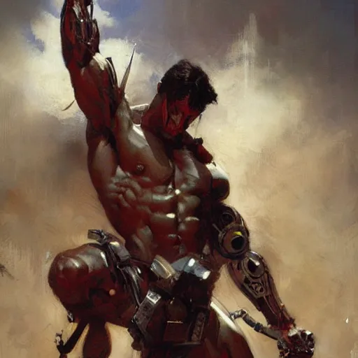 Image similar to muscular male cyborg, muscle, painting by gaston bussiere, craig mullins, greg rutkowski, yoji shinkawa