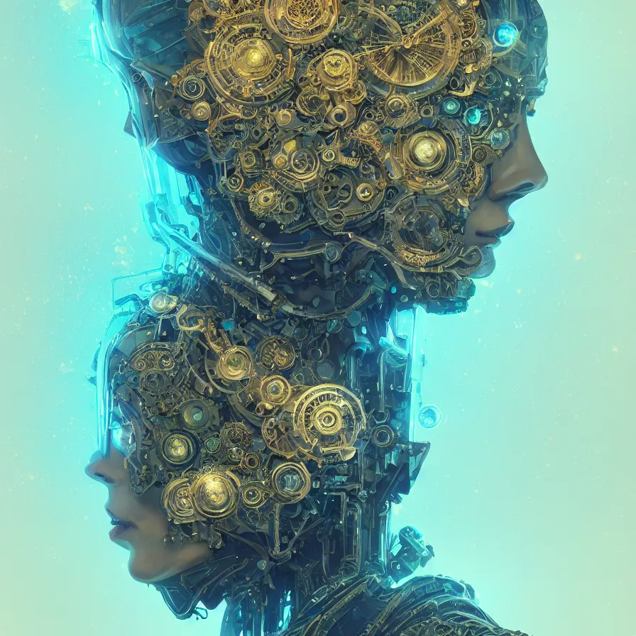 Image similar to beautiful symmetrical face portrait android woman time machine axonometric mechanical fantasy intricate elegant highly detailed in volumetric void of latent space lush flowers intricate jewellery, realm of the gods golden turquoise steampunk, axonometric high contrast cinematic light, mystical shadows, digital painting, sharp focus, octane render, photographic, concept art, artist leonardo davinci, unreal engine 8 k