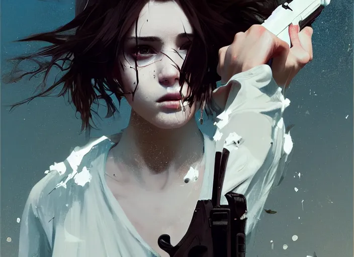 Prompt: white dress girl chasing from crazy grim reaper, holding a gun, messy hair, messy lines, scared face, beautiful and aesthetic and attractive, dramatic situation, specular reflection, occlusion shadow, intricate, bokeh, by ilya kuvshinov and jeremy lipking and quentin mabille