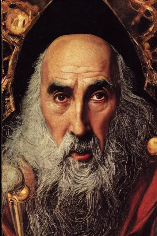 Prompt: christopher lee, evil sorcerer, lord of the rings, decorated ornaments by titian, veronese, giovanni bellini, perfect face, fine details, realistic shaded