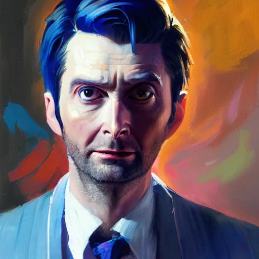 Image similar to greg manchess portrait painting of david tennant the 1 0 th doctor as overwatch character, medium shot, asymmetrical, profile picture, organic painting, sunny day, matte painting, bold shapes, hard edges, street art, trending on artstation, by huang guangjian and gil elvgren and sachin teng