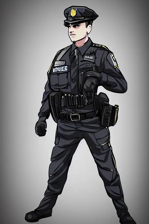 Image similar to police officer posing like super hero, highly detailed, digital art, sharp focus, trending on art station, anime art style