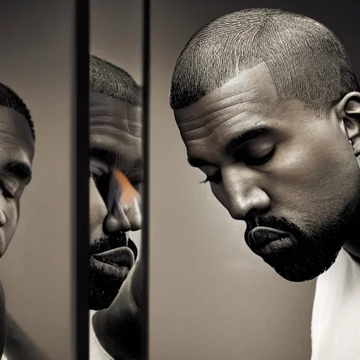 Prompt: a photo of kanye west looking into a shattered mirror with different versions of him splitting in the mirror, 8 k concept art, first person, 3 d, detailed faces, melancholy, calm, nostalgic