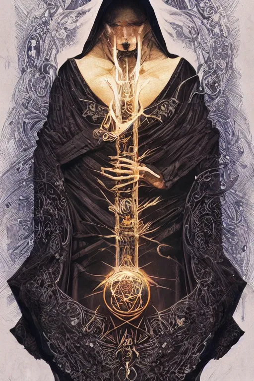 Image similar to Be Occult, a worshipper of the dark arts here for the madness, donned in an ebony cloak, fantasy, intricate, elegant, highly detailed, digital painting, artstation, ristan Eaton, victo ngai, artgerm, RHADS, ross draws