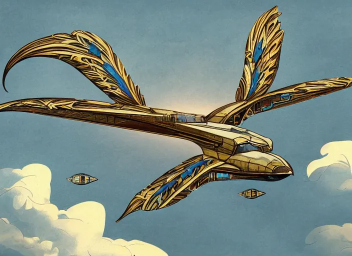 Image similar to concept art of a modern jugendstil jet plane with ornate birdlike wings with art deco patterns flying over a macedonia, dieselpunk, high fantasy