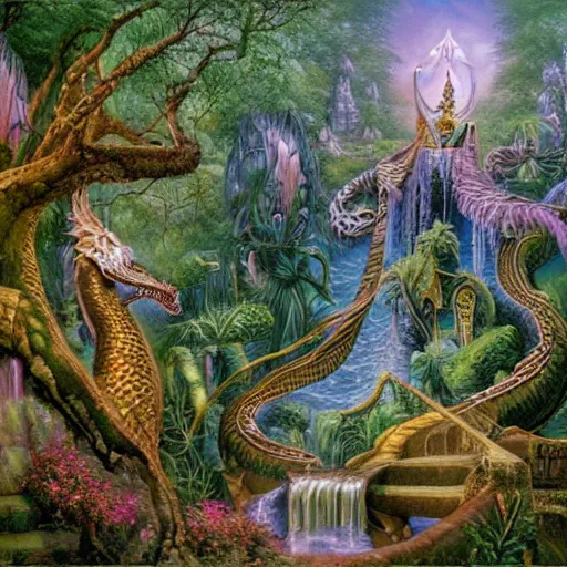 Prompt: a beautiful sorcerers serpent goddess in a magical kingdom nature and gold towers, magic gardens and waterfalls a bridge made out of oaks, beauty abundance and a by rodney matthews