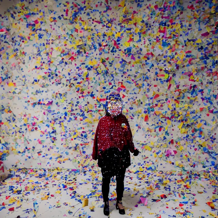 Prompt: a woman wearing a hood made of plastic and confetti, in an abandoned office building, by jan van eyck, canon eos c 3 0 0, ƒ 1. 8, 3 5 mm, 8 k, medium - format print