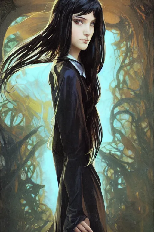 Image similar to portrait of teenage girl with long glossy black hair, blue eyes, glowing skin, fashion model features, fantasy, hogwarts student uniform, intricate, elegant, black dress, highly detailed, digital painting, artstation, concept art, smooth, sharp focus, illustration, art by Krenz Cushart and Artem Demura and alphonse mucha