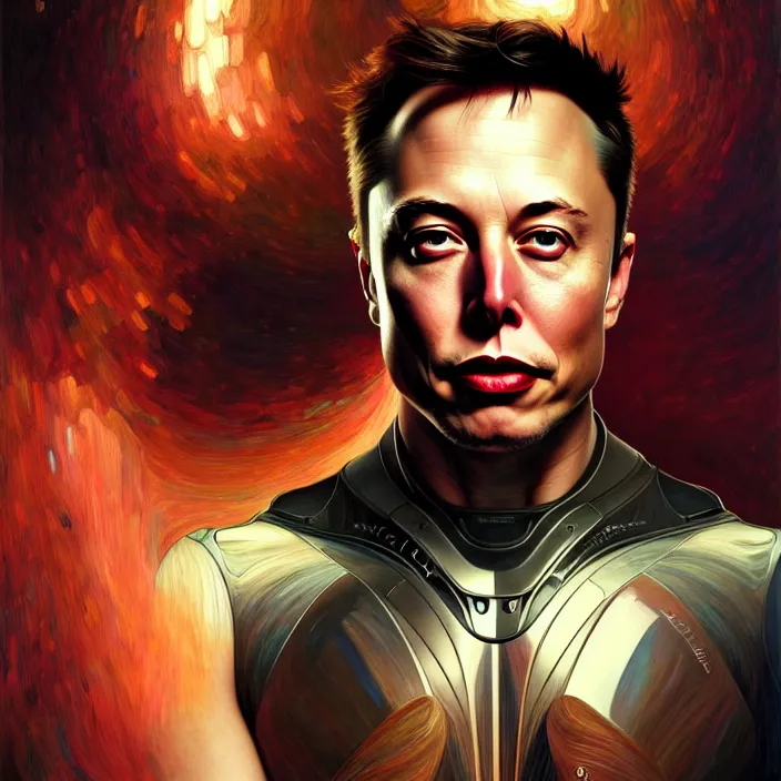 Image similar to portrait of Elon Musk organic cyborg, diffuse lighting, fantasy, intricate, elegant, highly detailed, lifelike, photorealistic, digital painting, artstation, illustration, concept art, smooth, sharp focus, art by John Collier and Albert Aublet and Krenz Cushart and Artem Demura and Alphonse Mucha