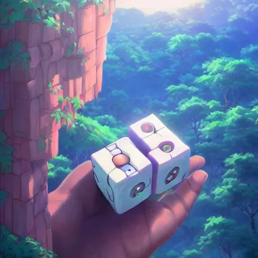 Image similar to beautiful painting of companion cube in a beautiful landscape, anime, studio ghibli, makoto shinkai, rhads, radiant light, detailed and intricate environment