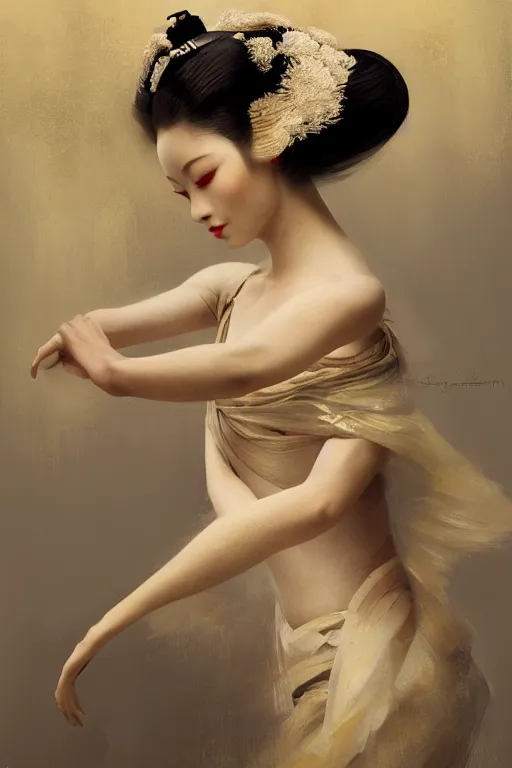 Image similar to geisha prima ballerina, gorgeous, ethereal, intricate, elegant, volumetric lighting, scenery, digital painting, highly detailed, artstation, sharp focus, illustration, concept art, ruan jia, steve mccurry