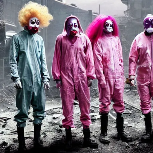 Prompt: clowns with pink hair wearing gas masks and hazmat suits in post apocalyptic wasteland, realistic, dirty, war