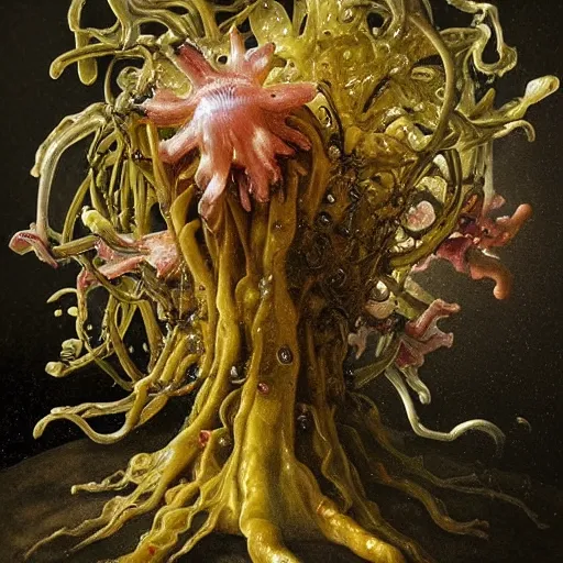 Image similar to disgusting disturbing dutch golden age bizarre mutant wet dew flower floral still life with many human toes realistic human toes blossoming everywhere insects very detailed fungus tumor disturbing tendrils bizarre slimy forms sprouting up everywhere by rachel ruysch christian rex van minnen black background chiaroscuro dramatic lighting perfect composition high definition 8 k 1 0 8 0 p