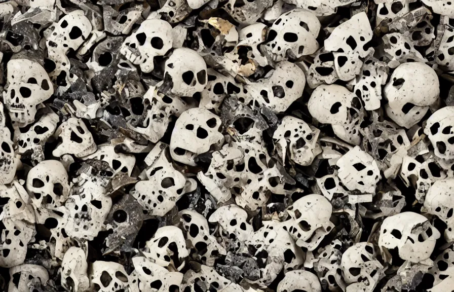 Prompt: disintegrating fragmented skull into hundreds of pieces