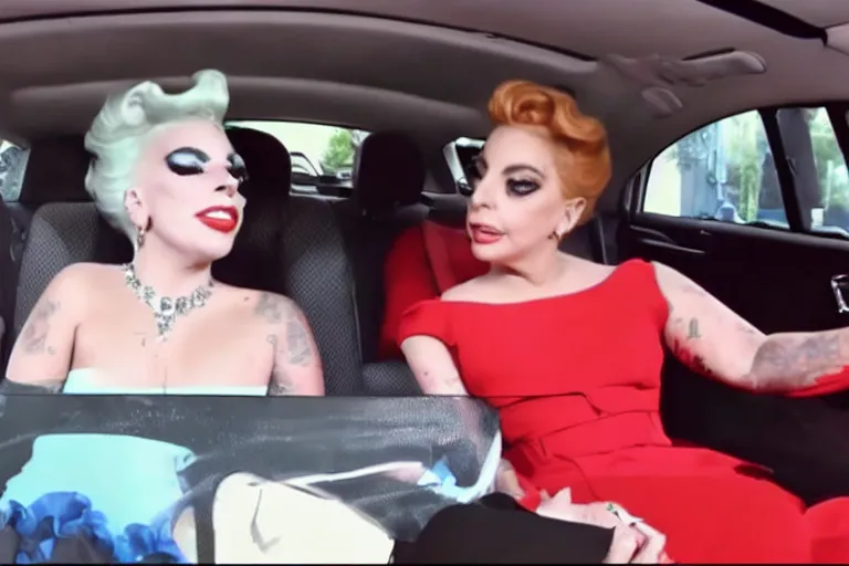 Image similar to lady gaga and judy garland doing carpool karaoke, lady gaga and judy garland, carpool karaoke, lady gaga, judy garland, carpool karaoke, youtube video screenshot, the late late show with james corden, higly realistic, high resolution, dashcam