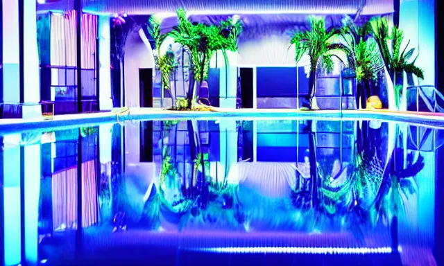 Prompt: indoor pool with ferns and palm trees at night, shops, pool tubes, chromatic abberation, dramatic lighting, depth of field, 80s photo