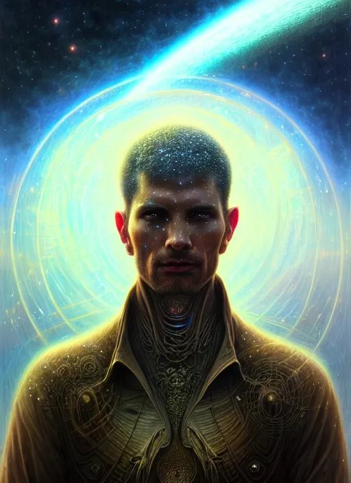 Image similar to closeup portrait shot of a male meditation in cosmic galaxy in a scenic dystopian environment, intricate, elegant, highly detailed, centered, digital painting, artstation, concept art, smooth, sharp focus, illustration, artgerm, tomasz alen kopera, peter mohrbacher, donato giancola, joseph christian leyendecker, wlop, boris vallejo