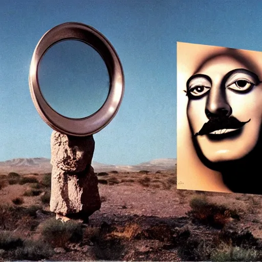 Prompt: levitating bene gesserit with full - face golden mask meeting salvador dali in a dry rocky desert landscape, visible sky and sunny atmosphere, fata morgana and giant square mirrors by alejandro jodorowsky, anamorphic lens, kodakchrome, practical effects, masterpiece, 8 k -