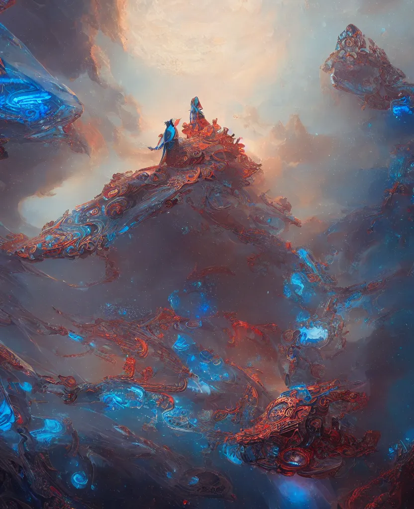 Image similar to structure of the oracle, blue colors with red accents, intricate and ornate, highly detailed fantasy digital painting by jessica rossier