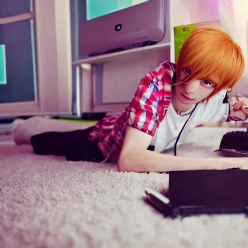 Prompt: kawaii anime boy laying on the floor of his room in front of laptop computer, album vinyls, electronics, posters on the wall