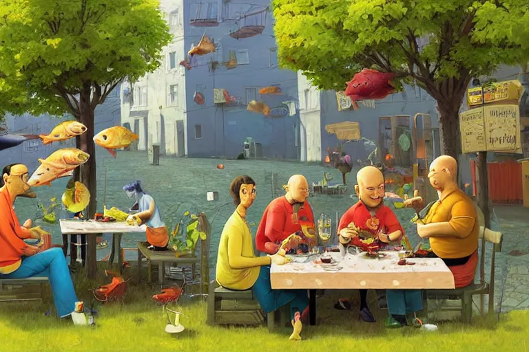 Image similar to 4 happy friends eating fish outside in a restaurant in the city, summer morning, very coherent and colorful high contrast, art by gediminas pranckevicius, geof darrow, dark shadows, hard lighting