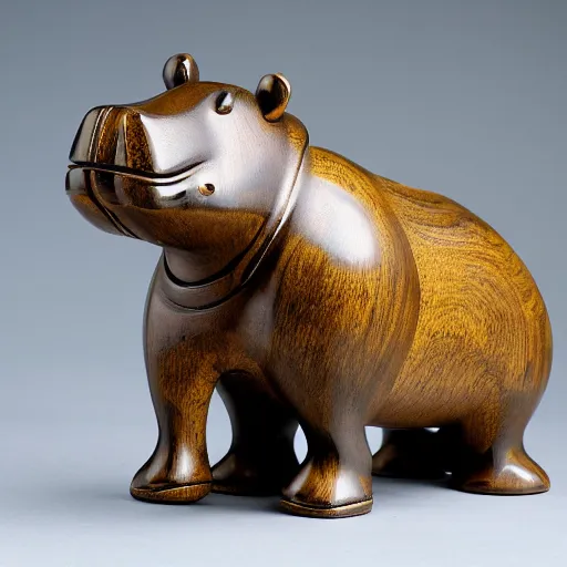 Image similar to wood block small hippo statue, wood blocks bottom hippo body, blue chrome top hippo body, by a genius craftsman, highly detailed, wood block legs made of polished wooden blocks under the blue resin chrome top