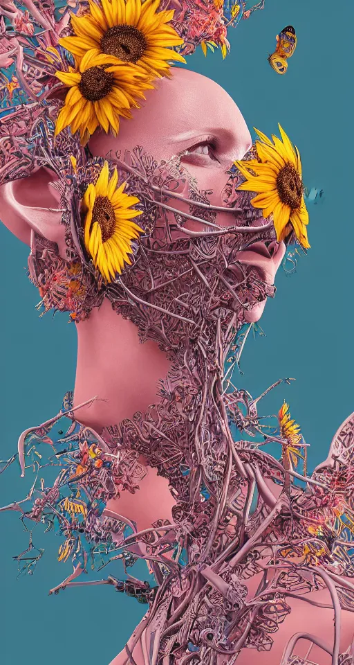 Prompt: cinema 4d colorful render, organic, ultra detailed, of a painted realistic butterfly with growing sunflowers , scratched. biomechanical cyborg, analog, macro lens, beautiful natural soft rim light, smoke, veins, neon, winged insects and stems, roots, fine foliage lace, pink and pink details, Alexander Mcqueen high fashion haute couture, art nouveau fashion embroidered, intricate details, mesh wire, computer components, motherboard, floppy disk eyes,mandelbrot fractal, anatomical, facial muscles, cable wires, elegant, hyper realistic, in front of dark flower and feather pattern wallpaper, ultra detailed, 8k post-production