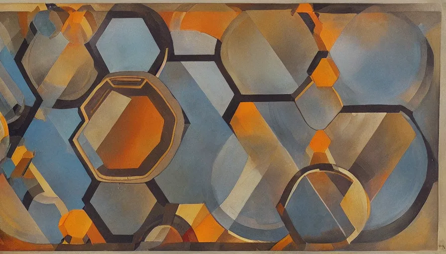 Image similar to shield made from hexagons in space, blocking the sun, art deco painting