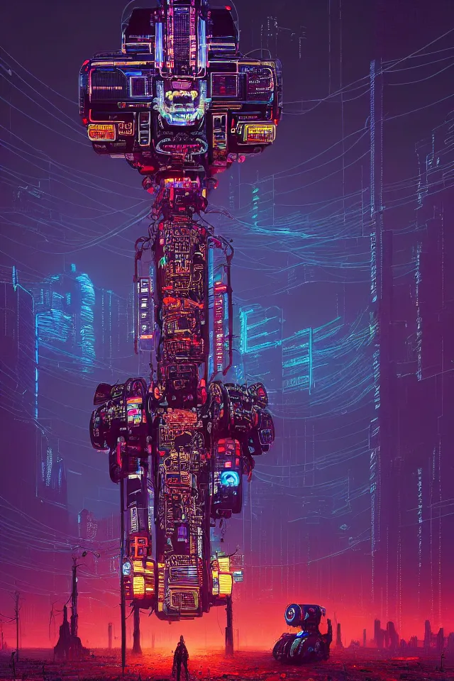 Prompt: cyberpunk mechatower made out of billions of stacked computer screens and led motherboard aesthetic totempoles by simon stalenhag, el bosco and dan mumford, omnipresent ai god, mass effect fantasy, cinematic lighting, golden hour