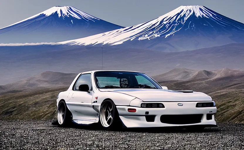 Image similar to a stylistic photo of a modified rx 7 in mount fuji early in the morning | jdm | japanese