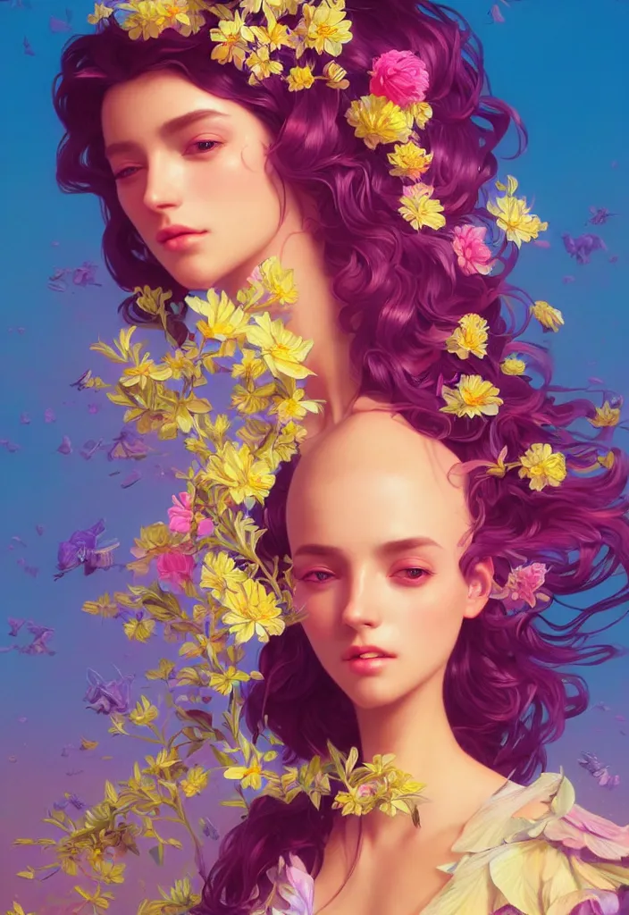 Prompt: young beautiful woman, gorgeous face, vaporwave aesthetic, synthwave, colorful, psychedelic, artstation, flowers, bees, full - body, gown, smooth, extremely sharp detail, finely tuned detail, 8 k, unreal engine 5, ultra sharp focus, illustration, art by artgerm and greg rutkowski and alphonse mucha