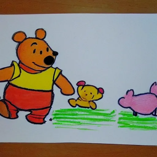 Prompt: child's crayon drawing of pooh bear and piglet