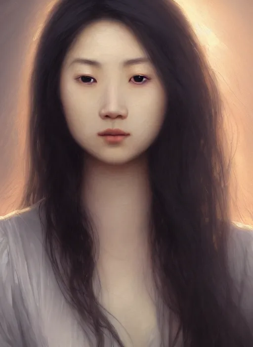 Image similar to oil painting close up portrait of a contemplative young asian woman with long dark flowing hair in a dress made of white roses!! at sunset, hazy, digital art, chiaroscuro, artstation, cinematic, golden hour, digital art painting by greg rutkowski, william - adolphe bouguereau, hazy atmosphere, cinematic lighting