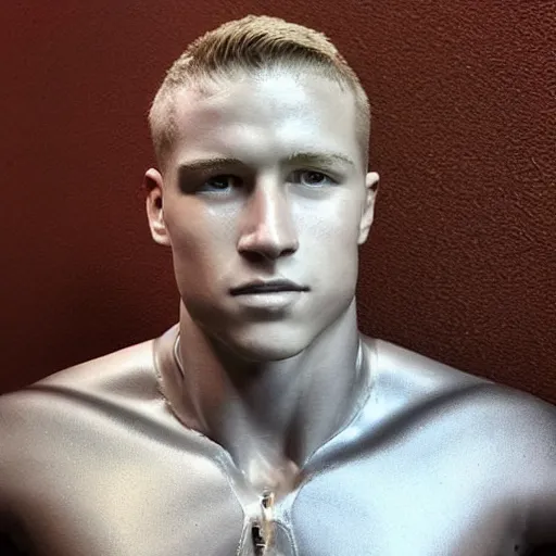 Image similar to “ a realistic detailed photo of a guy who is an attractive humanoid who is half robot and half humanoid, who is a male android, football player christian mccaffrey, shiny skin, posing like a statue, blank stare, on the bed, on display ”