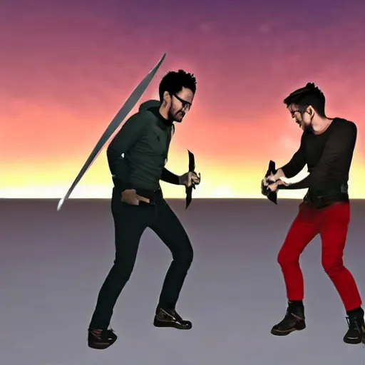 Prompt: Markiplier and Jacksepticeye fights each other with swords during a sunset, cinematic lighting, photorealistic,