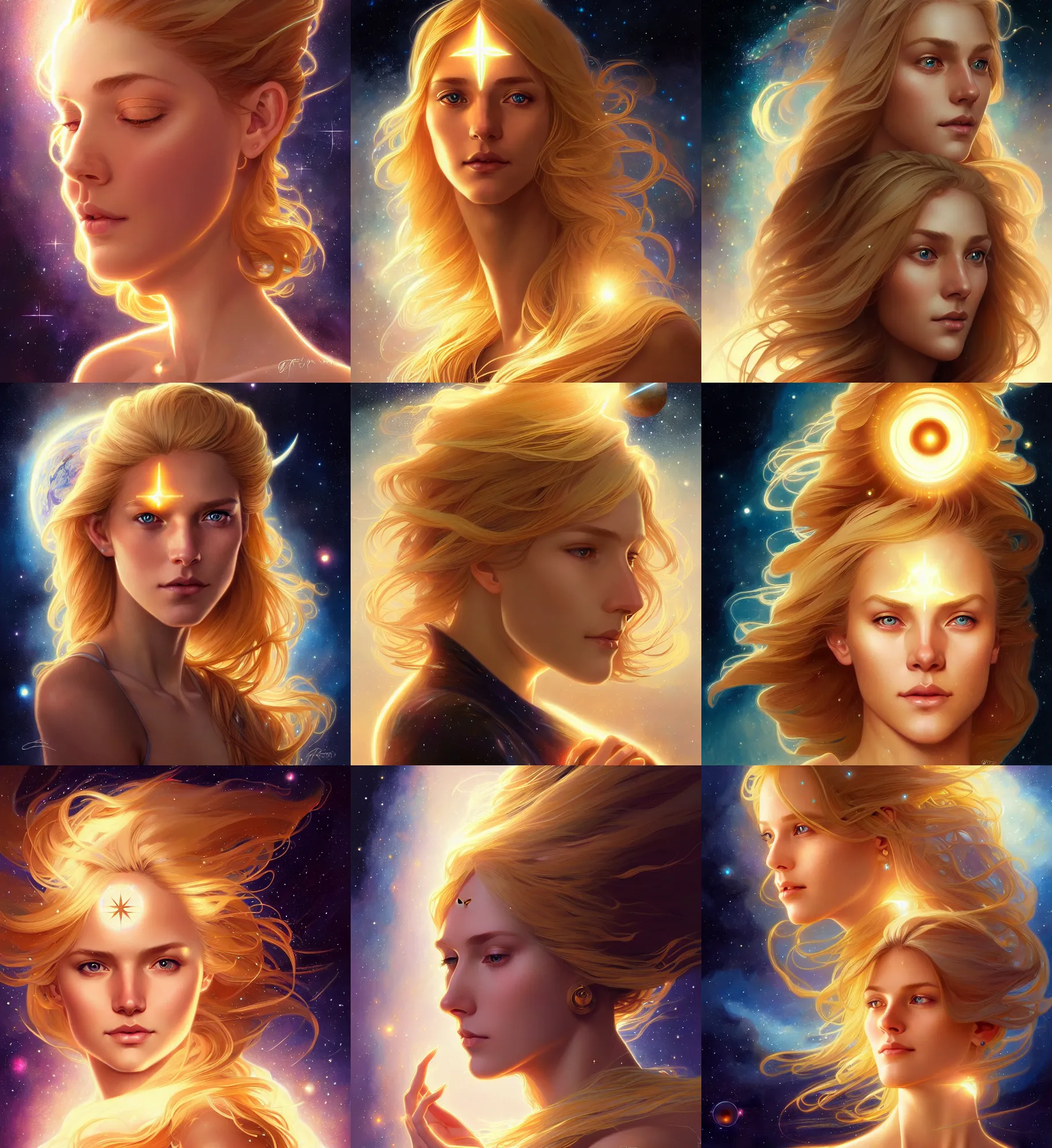 Prompt: portrait of a beautiful golden haired girl with open third eye spiritual art, third eye, attractive sci - fi face, space background, breathtaking stars, elegant, highly detailed, digital painting, artstation, concept art, smooth, sharp focus, illustration, art by artgerm and greg rutkowski and alphonse mucha