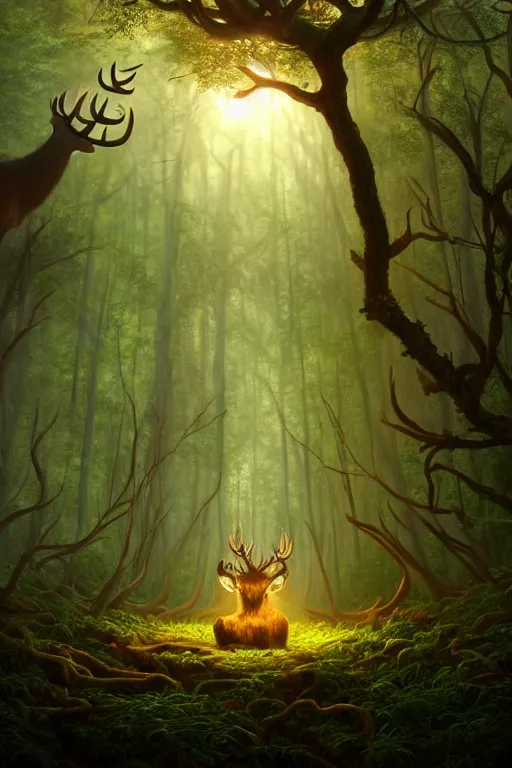 Prompt: forest god, with deer head and massive anthlers, glowing eyes, in a mystic grove, illustration, chaotic, lush, forest soul, mist, druid child, opalescent night background, colossal, volumetric lighting, soft lighting, soft details, painting oil on canvas by Edmund Blair Leighton and charlie bowater octane render, HDR, trending on artstation, 4k, 8k, HD