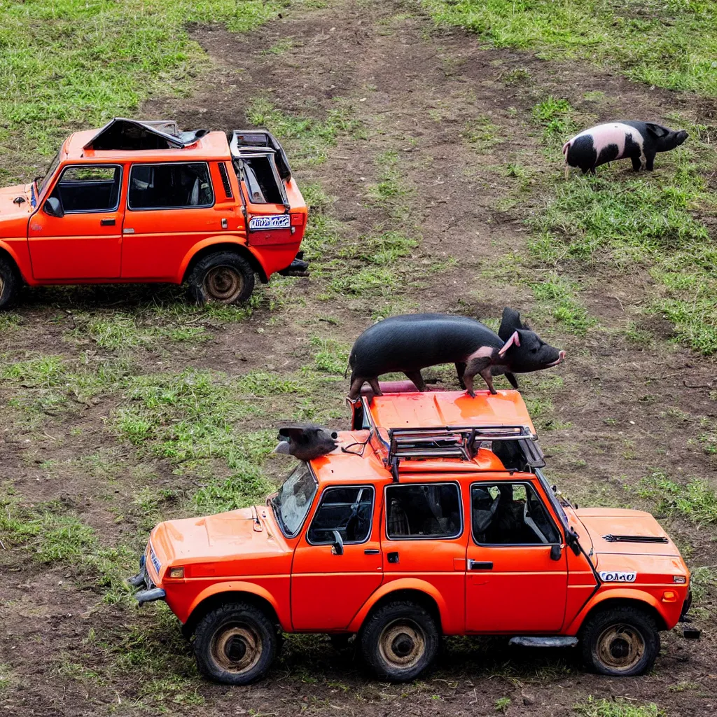 Prompt: pig driving, lada niva, award winning photography