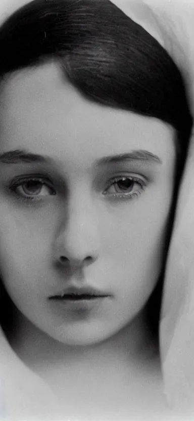 Prompt: filmstill photography of female face covered with white translucent blanket