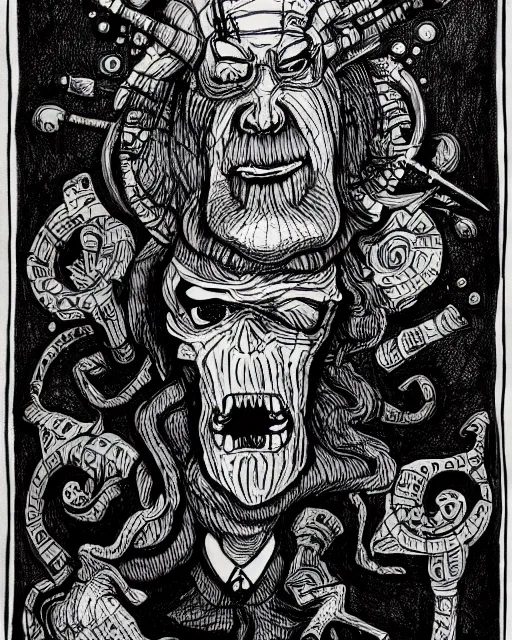 Image similar to miskatonic scholar, black ink on paper, trending on artstation