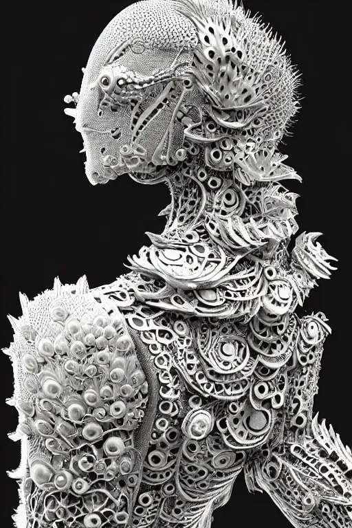 Prompt: close - up profile face, black background, beautiful young porcelain intricate bio - mechanical vegetal - dragon - cyborg - female, white metallic armour, white peacock feathers, roots, 1 9 3 0, mandelbot fractal, 1 5 0 mm, soft rim light, elegant, hyper real, ultra detailed, octane render, hg giger, 1 6 k