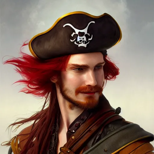 Image similar to portrait of a young pirate captain, male, masculine, handsome, upper body, red hair, long hair, cheerful, D&D, fantasy, intricate, elegant, highly detailed, digital painting, artstation, concept art, sensual, cinematic lighting, cutscene, sharp focus, illustration, art by Artgerm and Greg Rutkowski and Alphonse Mucha