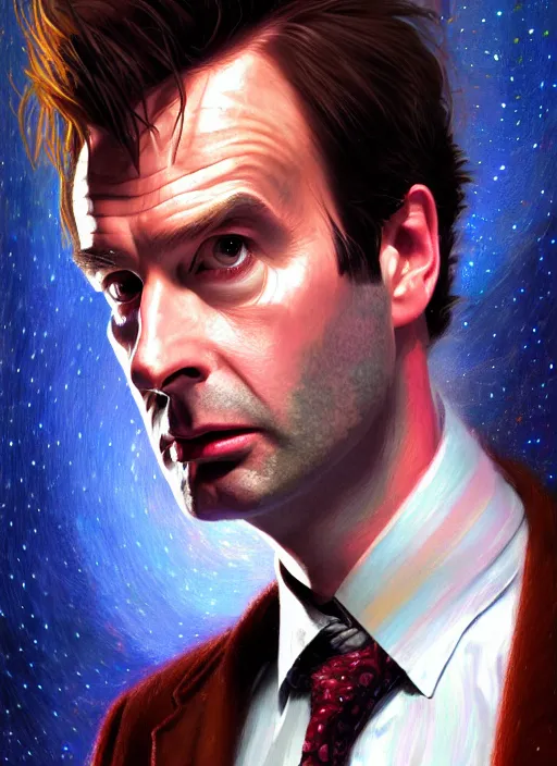 Image similar to portrait of the tenth doctor from doctor who wearing a party hat, intricate, elegant, glowing lights, highly detailed, digital painting, artstation, concept art, smooth, sharp focus, illustration, art by wlop, mars ravelo and greg rutkowski