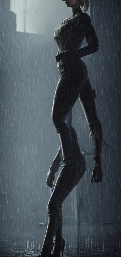 Image similar to portrait shot of beautiful annie leonhart on high heels in dunwall city, redshift render, beautiful face, detailed face, cinematic lighting, rainy weather, melancholy atmosphere, volumetric light, octane render, dishonored 1, gothic architecture, realistic reflections, octane render 8 k