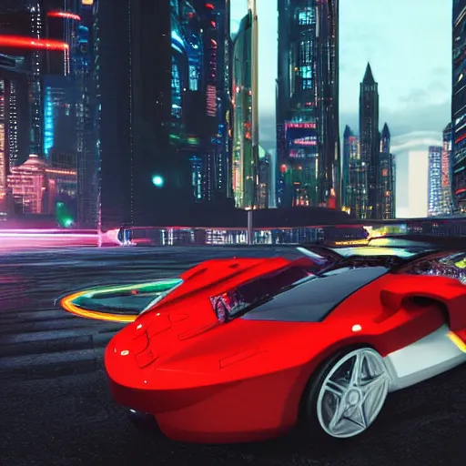 Prompt: hover car, ferrari, cyberpunk, city, night time, unreal engine