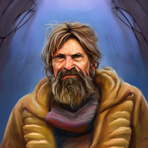 Image similar to clear portrait of homeless guy, adorable appearance!!!, golden hour, happy apearance, cottagecore!!, background hyper detailed, character concept, full body, dynamic pose, intricate, elegant, highly detailed, digital painting, artstation, concept art, smooth, sharp focus, illustration, art by artgerm and greg rutkowski and alphonse mucha