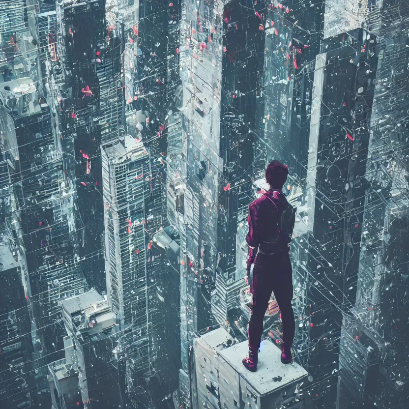 Image similar to a cyber boy ontop of a building, cyberpunk art by Elsa Bleda, by Elsa Bleda unsplash contest winner, aestheticism, dystopian art