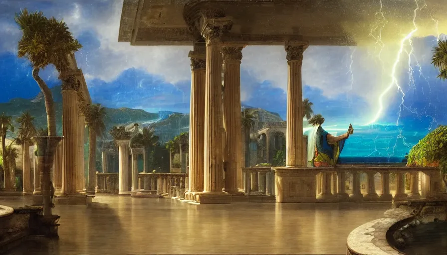 Prompt: A pool inside the giant Palace, mediterranean balustrade and columns, refracted lines and sparkles, thunderstorm, greek pool, beach and Tropical vegetation on the background major arcana sky and occult symbols, by paul delaroche, hyperrealistic 4k uhd, award-winning, very detailed paradise